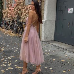 NWT Selfie Leslie Floating By Pleated Neckline Mesh Midi Dress in Blush